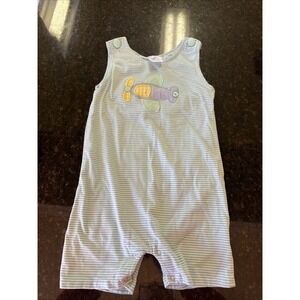 Stitchy Fish Airplane Knit Jon Jon Aqua Stripe Soft Sz 4t Romper Toddler Boy